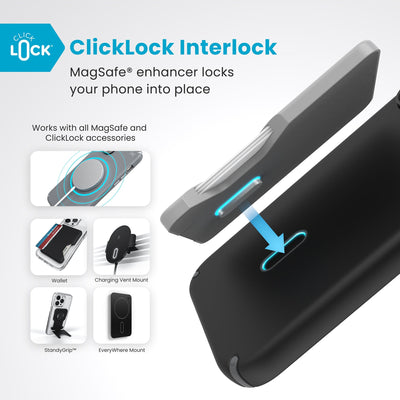 A ClickLock Wallet accessory hovers over the back of the phone case with interlock bolt extended and arrow pointing to bolt receptacle in case. Text reads ClickLock interlock: MagSafe enhancer locks your phone into place. Works with all MagSafe and ClickLock accessories#color_black-slate-grey