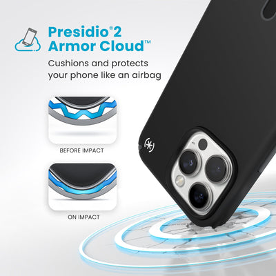 A corner of the case impacts the ground - a diagram shows interior cushion of phone before impact and on impact. Text reads Presidio2 Armor Cloud: Cushions and protects your phone like an airbag#color_black-slate-grey