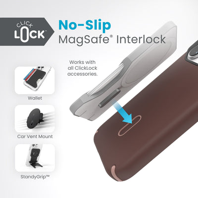 A ClickLock Wallet hovers above a ClickLock case with interlock bolt extended and arrow pointing to bolt receptacle on case. Text in image reads ClickLock No-Slip MagSafe Interlock. Works with all ClickLock accessories - Wallet, Car Vent Mount, and StandyGrip.#color_new-planet-clay-tan