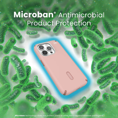 A case with phone inside is surrounded by bacteria. A blue halo around the phone keeps the bacteria away. Text reads Microban antimicrobial product protection. Microban technology does not protect users or other items against disease pathogens.#color_dahlia-pink-rose-copper
