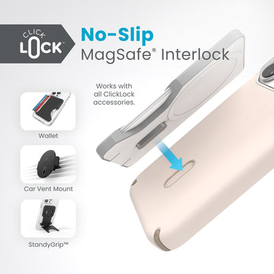 A ClickLock Wallet hovers above a ClickLock case with interlock bolt extended and arrow pointing to bolt receptacle on case. Text in image reads ClickLock No-Slip MagSafe Interlock. Works with all ClickLock accessories - Wallet, Car Vent Mount, and StandyGrip.#color_bleached-bone-heirloom-gold