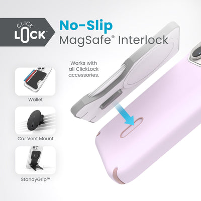 A ClickLock Wallet hovers above a ClickLock case with interlock bolt extended and arrow pointing to bolt receptacle on case. Text in image reads ClickLock No-Slip MagSafe Interlock. Works with all ClickLock accessories - Wallet, Car Vent Mount, and StandyGrip.#color_soft-lilac-carnation-petal