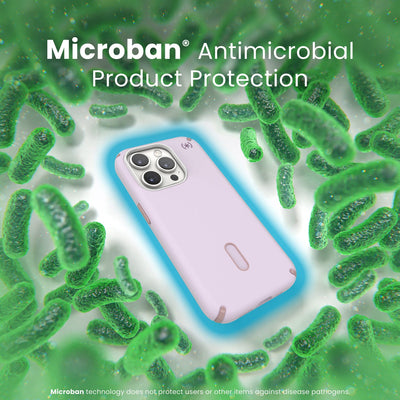 A case with phone inside is surrounded by bacteria. A blue halo around the phone keeps the bacteria away. Text reads Microban antimicrobial product protection. Microban technology does not protect users or other items against disease pathogens.#color_soft-lilac-carnation-petal