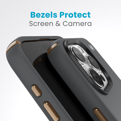 A case with phone inside with camera facing up is lying on top of a case with phone inside with screen facing up. Both are at a sharp angle clearly showing case's raised bezels around screen and camera. Text reads bezels protect screen and camera.#color_charcoal-grey-cool-bronze