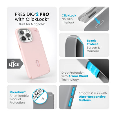 Summary of all product features such as MagSafe compatibility, ClickLock no-slip interlock, drop protection with Armor Cloud technology, Microban antimicrobial product protection, raised bezels to protect screen and camera, and smooth clicks with ultra-responsive buttons.#color_nimbus-pink-dahlia-pink