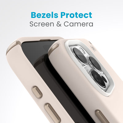 A case with phone inside with camera facing up is lying on top of a case with phone inside with screen facing up. Both are at a sharp angle clearly showing case's raised bezels around screen and camera. Text reads bezels protect screen and camera.#color_bleached-bone-heirloom-gold