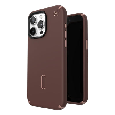 Three-quarter view of back of phone case simultaneously shown with three-quarter front view of phone case.#color_new-planet-clay-tan
