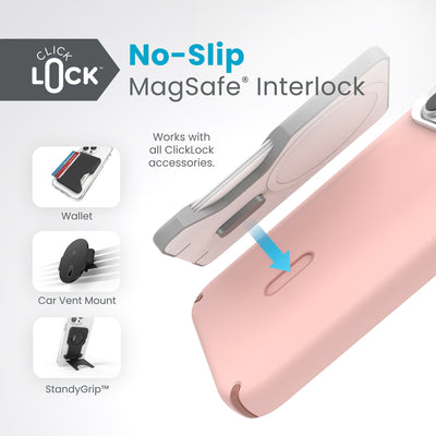 A ClickLock Wallet hovers above a ClickLock case with interlock bolt extended and arrow pointing to bolt receptacle on case. Text in image reads ClickLock No-Slip MagSafe Interlock. Works with all ClickLock accessories - Wallet, Car Vent Mount, and StandyGrip.#color_dahlia-pink-rose-copper