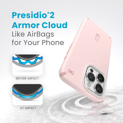 A case with phone inside hits a hard surface on the top corner. Diagrams show Armor Cloud case lining before and at impact. Text reads Presidio2 Armor Cloud. Like airbags for your phone. #color_nimbus-pink-dahlia-pink