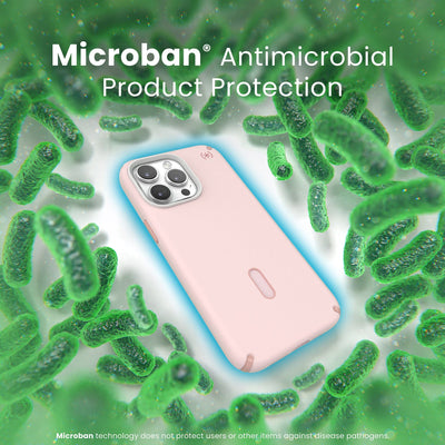 A case with phone inside is surrounded by bacteria. A blue halo around the phone keeps the bacteria away. Text reads Microban antimicrobial product protection. Microban technology does not protect users or other items against disease pathogens.#color_nimbus-pink-dahlia-pink