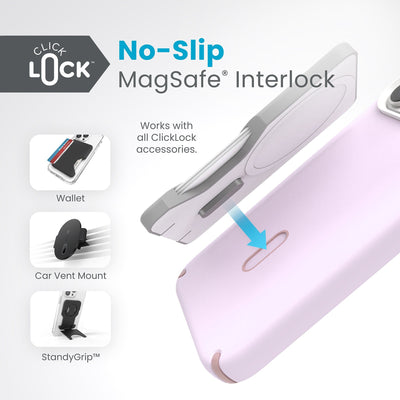 A ClickLock Wallet hovers above a ClickLock case with interlock bolt extended and arrow pointing to bolt receptacle on case. Text in image reads ClickLock No-Slip MagSafe Interlock. Works with all ClickLock accessories - Wallet, Car Vent Mount, and StandyGrip.#color_soft-lilac-carnation-petal