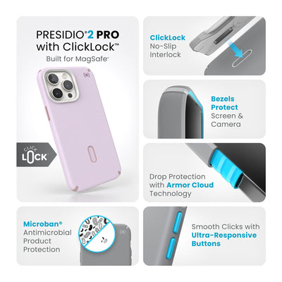 Summary of all product features such as MagSafe compatibility, ClickLock no-slip interlock, drop protection with Armor Cloud technology, Microban antimicrobial product protection, raised bezels to protect screen and camera, and smooth clicks with ultra-responsive buttons.#color_soft-lilac-carnation-petal