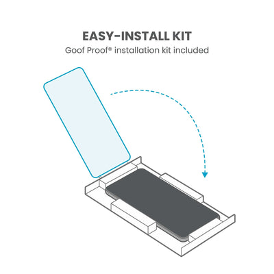 Illustration of installation of ShieldView Glass. Text reads easy-install kit; Goof Proof installation kit included#color_clear