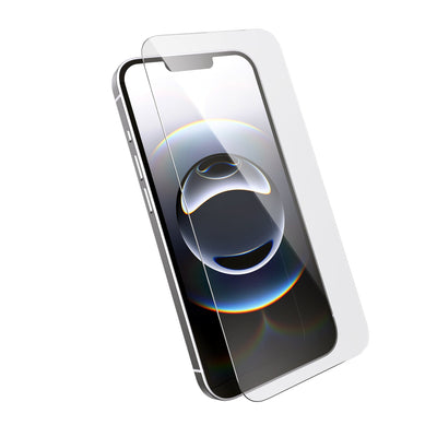 Three-quarter angled view device with screen protector hovering above screen.#color_clear