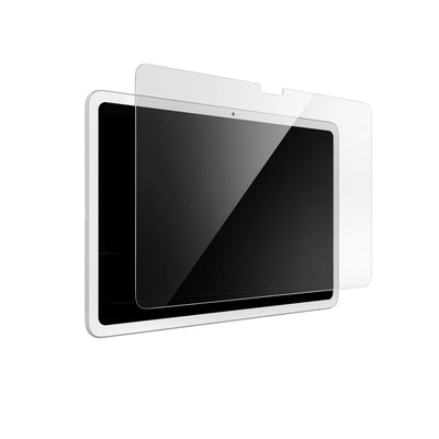 Three-quarter angled view device with screen protector hovering above screen.Three-quarter angled view device with screen protector hovering above screen.