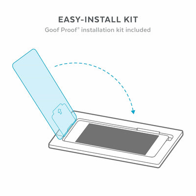 Illustration of installation of ShieldView Glass - Easy-install kit; Goof Proof installation kit included.#color_low-blue-light