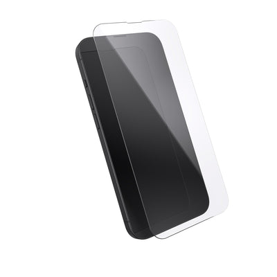 Three-quarter angled view device with screen protector hovering above screen.#color_clear