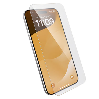 Three-quarter angled view device with screen protector hovering above screen.#color_clear