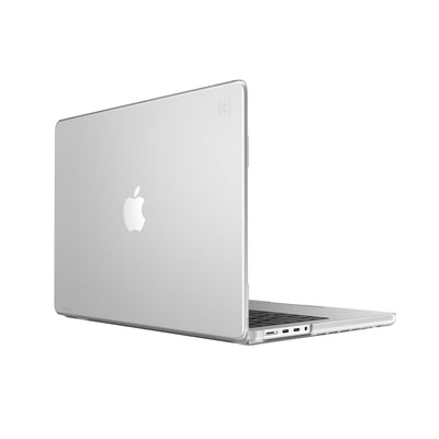 Three quarter view of the back of the MacBook with the laptop open.#color_clear