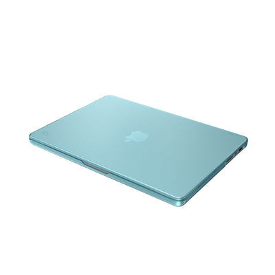 Three-quarter view of the front of the MacBook with the laptop closed.#color_swell-blue