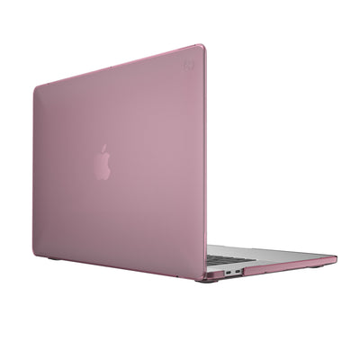 Three quarter view of the back of the MacBook with the laptop open.#color_crystal-pink