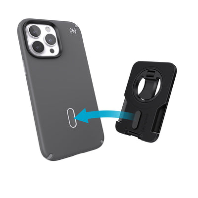 Three-quarter angled view of a StandyGrip in closed formation, with the ClickLock bolt extended and an arrow pointing to the slot on a smartphone where the accessory attaches.#color_black