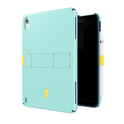 Three-quarter view of back of case simultaneously shown with three-quarter front view of case behind.#color_glass-teal-deep-sea-blue-daisy-yellow