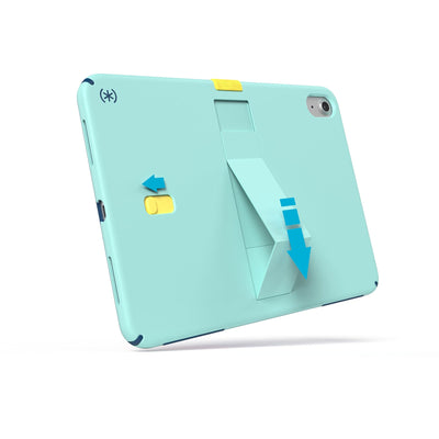 Three-quarter view of the back of the case, showing how the kickstand is deployed.#color_glass-teal-deep-sea-blue-daisy-yellow
