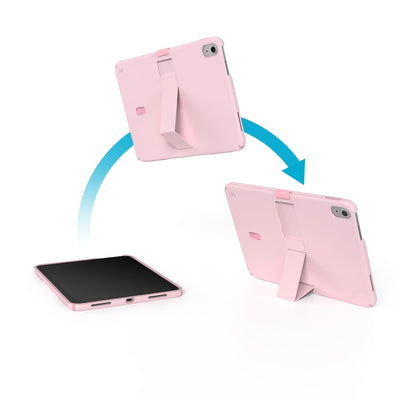 Three views of the case, one showing the case laying flat, and arrow showing the kickstand coming out, and a third showing the kickstand fully deployed.#color_soft-lilac-hydrangea-purple-kinder-pink