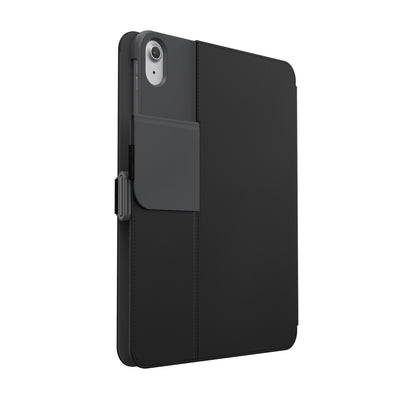 Three-quarter view of the back of the case, with folio closed and camera flap folded down.#color_black-slate-grey