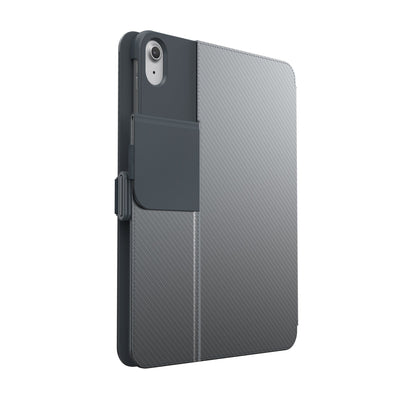 Three-quarter view of the back of the case, with folio closed and camera flap folded down.#color_metallic-charcoal-grey-charcoal-grey