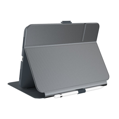 Three-quarter view of back of the case, using view stand formation.#color_metallic-charcoal-grey-charcoal-grey