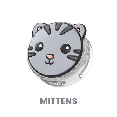 Three-quarter angled view of Tagimal Mittens, a grey cat - Mittens#color_blaze-milo-mittens-and-tink