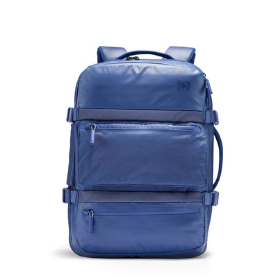Straight front view of Speck Travel Backpack in Macaw Blue.#color_macaw-blue