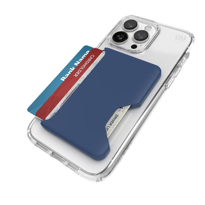 Three-quarter angled view of Wallet for MagSafe with ClickLock attached to an iPhone with a clear case on it - three cards are splayed out of the wallet.#color_coastal-blue-space-blue