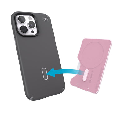 Angled view of back of Wallet for MagSafe with ClickLock showing how the ClickLock bolt on the Wallet would attach to an iPhone ClickLock case.#color_nimbus-pink-pale-violet