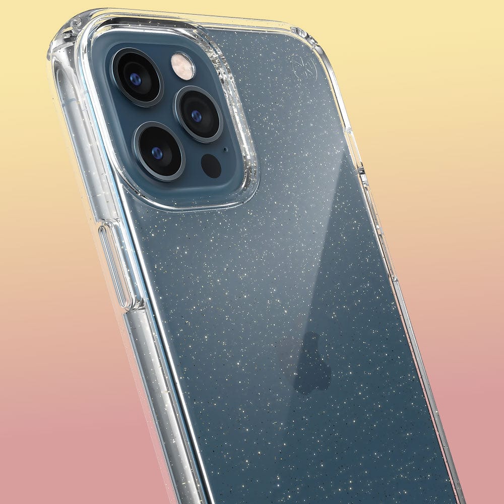 Three-quarter angle of iPhone 12 Pro Max case in Clear/Gold Glitter pattern
