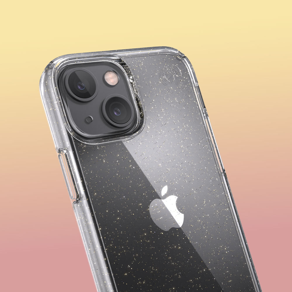 Three-quarter angle of iPhone 13 mini case in Clear/Gold Glitter pattern