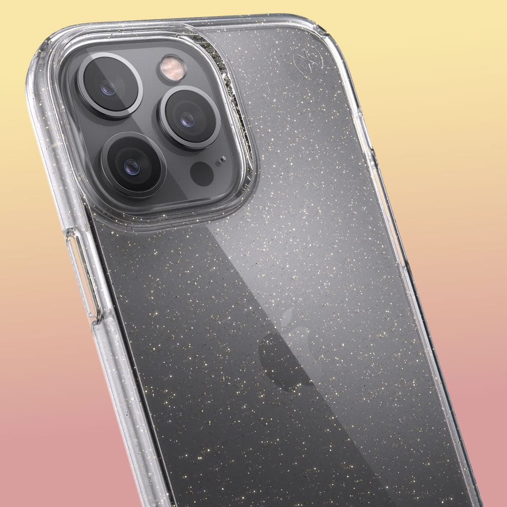 Three-quarter angle of iPhone 13 Pro Max case in Clear/Gold Glitter pattern