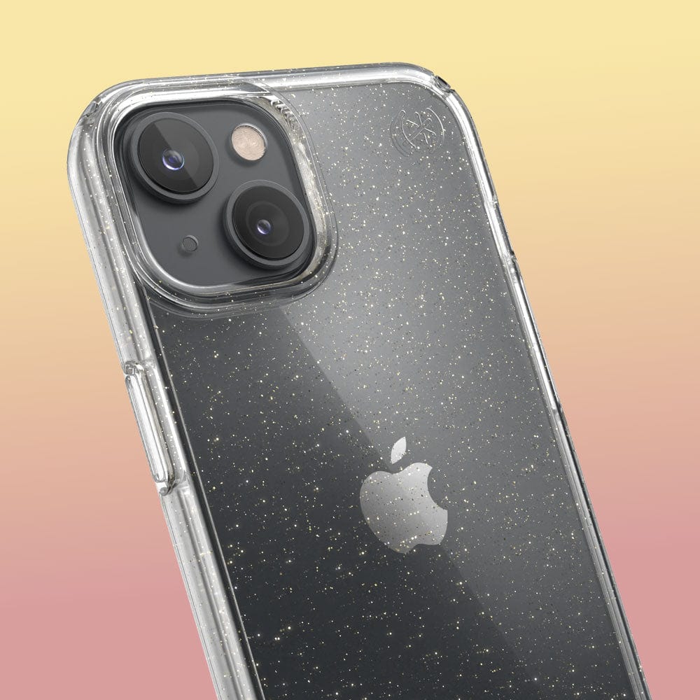 Three-quarter angle of iPhone 14 case in Clear/Gold Glitter pattern