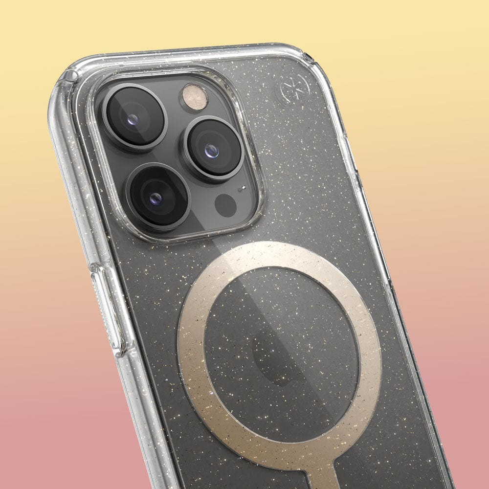 Three-quarter angle of iPhone 14 Pro MagSafe case in Clear/Gold Glitter pattern