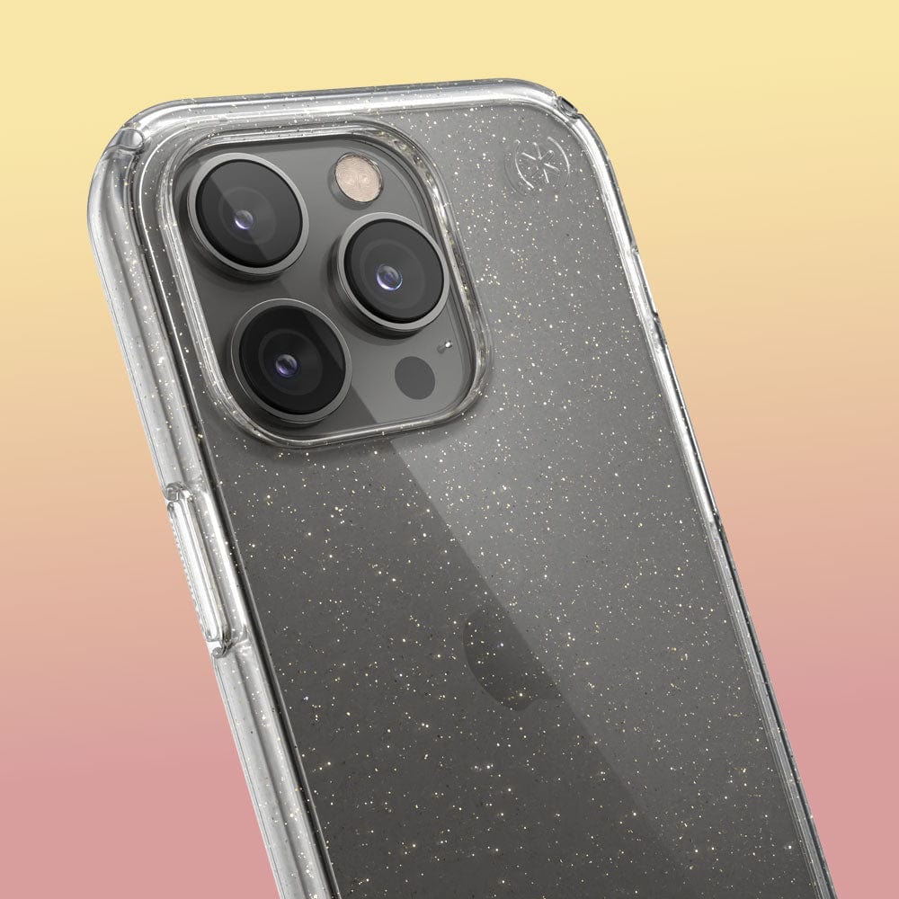 Three-quarter angle of iPhone 14 Pro case in Clear/Gold Glitter pattern