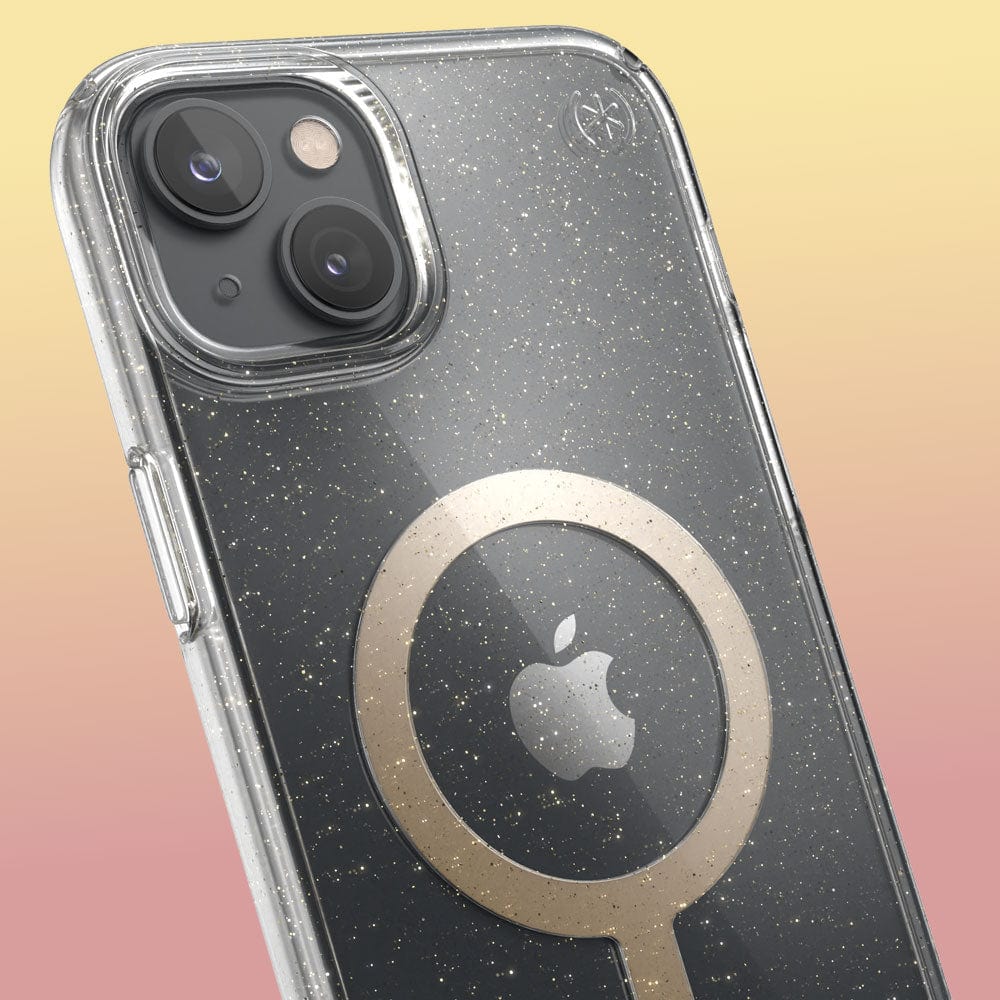 Three-quarter angle of iPhone 14 Plus MagSafe case in Clear/Gold Glitter pattern