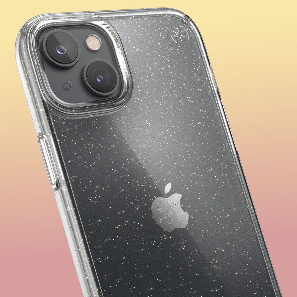 Three-quarter angle of iPhone 14 Plus case in Clear/Gold Glitter pattern