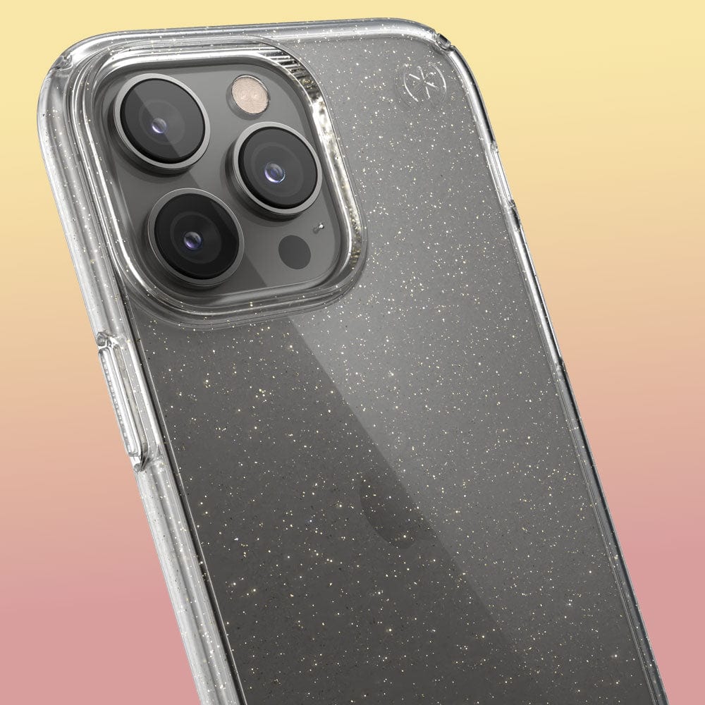 Three-quarter angle of iPhone 14 Pro Max case in Clear/Gold Glitter pattern