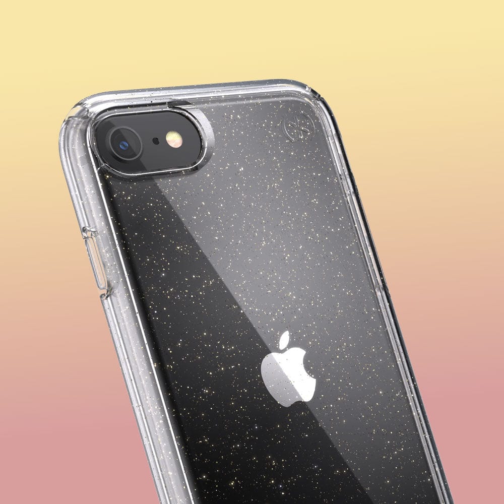 Three-quarter angle of iPhone SE case in Clear/Gold Glitter pattern