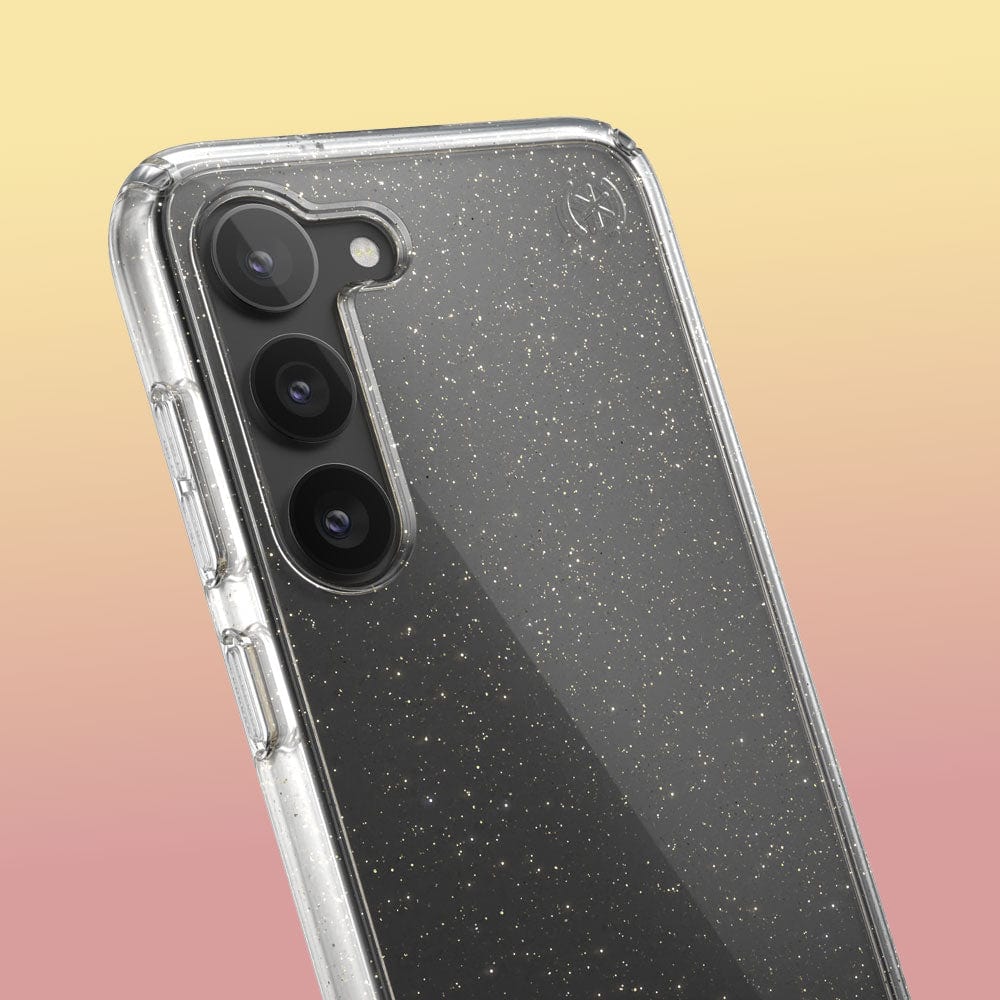 Three-quarter angle of Samsung Galaxy S23 case in Clear/Gold Glitter pattern