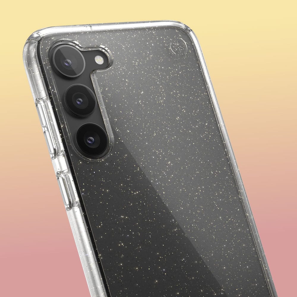 Three-quarter angle of Samsung Galaxy S23+ case in Clear/Gold Glitter pattern