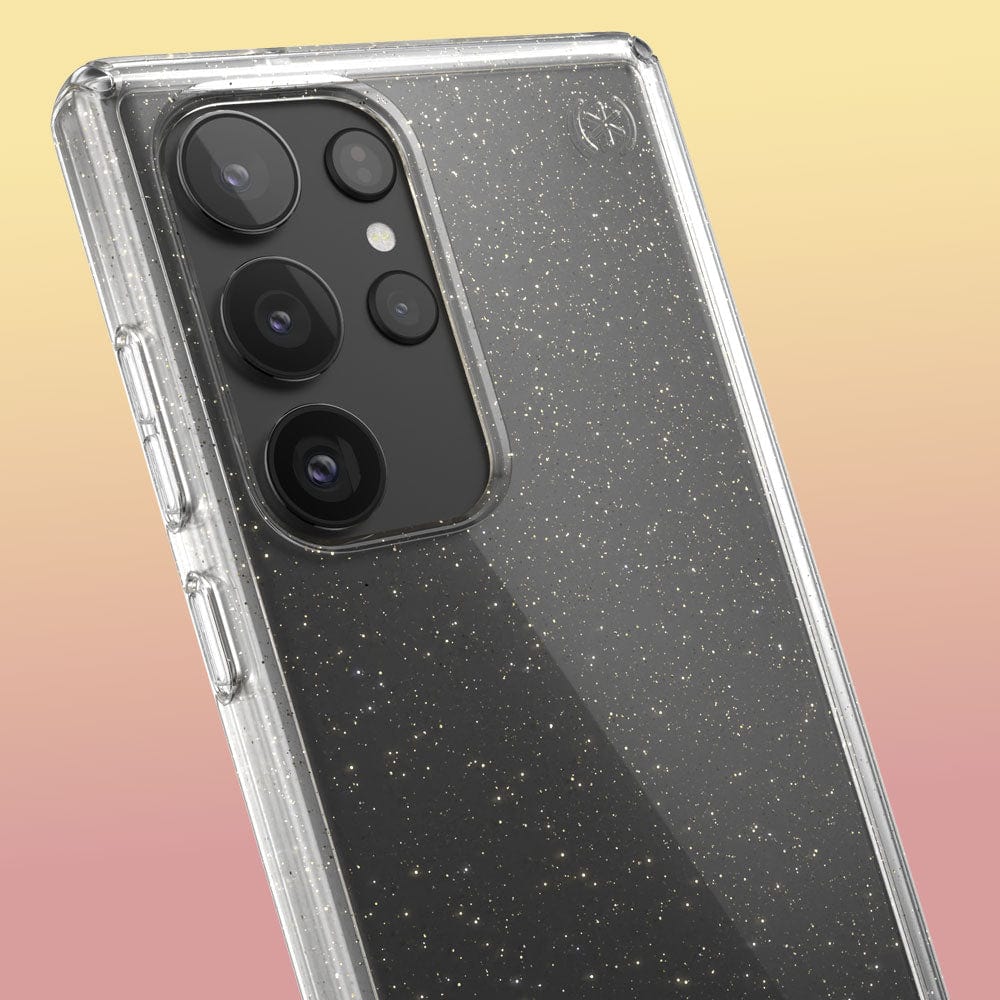 Three-quarter angle of Samsung Galaxy S23 Ultra case in Clear/Gold Glitter pattern