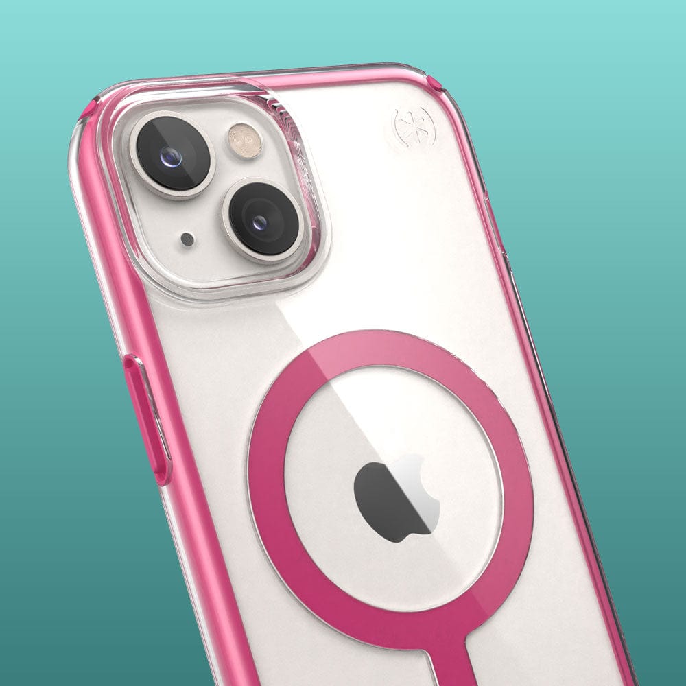 Three-quarter angle of iPhone 14 in a Presidio Perfect-Clear with Impact Geometry MagSafe Digital Pink case